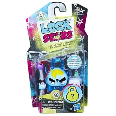 Image of Hasbro Lock Stars Series 1 Collectible Miniature 7cm Toy Figure On Clip with Accessories Blue Horned Monster
