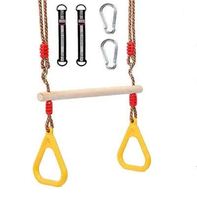 Image of Trapeze bar,Morwealth Multifunctional Children&#039;s Wooden Swing with Plastic Rings Gymnastics for Hanging Up to 120 kg Indoor and Outdoor Use