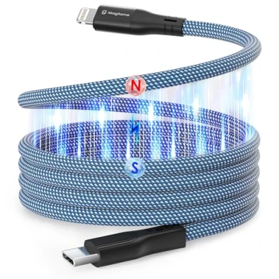 Image of Magtame Magnetic USB C to Lightning Cable Coiled, 1M MFi Certified Type Cable, Winding iPhone Fast Charging Cord for 14 13 12 11 Pro Max XR XS X 8 Plus SE Blue
