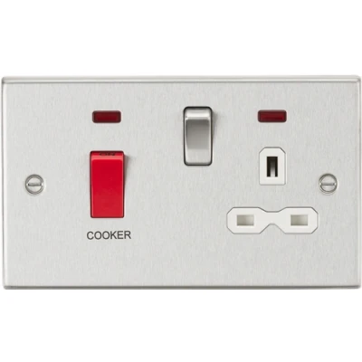 Image of KnightsBridge 45A DP Cooker Switch &amp; 13A Switched Socket with Neons White Insert Square Edge Brushed Chrome