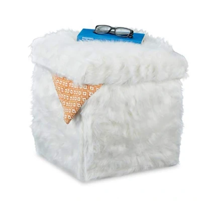 Image of Relaxdays Faux Fur Cube Seat, Folding, Plush, Storage Ottoman, 40 L, Box HxWxD: 39 x 38 cm, White, MDF Boards, Foam, Pack of 1