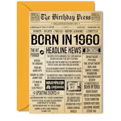 Image of 65th Birthday Card for Men Women Bday Press Newspaper 1960 Happy 65 Cards Brother Grandma Nan Cousin Husband Dad, 5x7 Inch Greeting