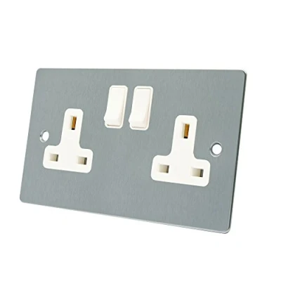 Image of AET FSC2GSOCWH Satin Chrome Flat 2 Gang White Insert Plastic Rocker Switches 13 Amp Double Plug Socket, 240 V