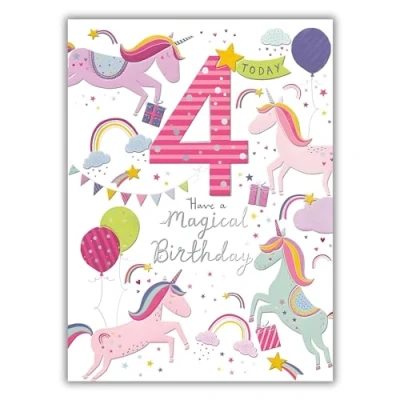 Image of Girls 4th Birthday Card Age 4 Magical Unicorn and Rainbows Artistic Design Special Finishes Made in the UK Eco Friendly