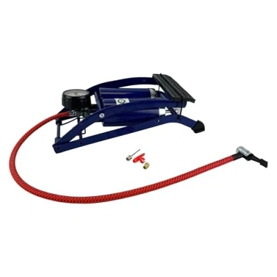 Image of Sakura Twin Cylinder Foot Pump PG270 TWN 52 cm Hose, Thumb Lock Connector, Pressure Gauge, 3 Valve Adaptors , Blue For Schrader Valves Only