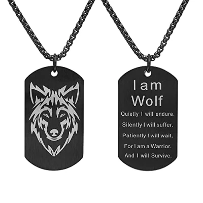 Image of TURTLEDOVE Wolf Necklace Stainless Steel I am Fans of Dog Tag Jewelry Norse Fenrir Pendant Nordic Scandinavian Amulet, Steel, No Gemstone