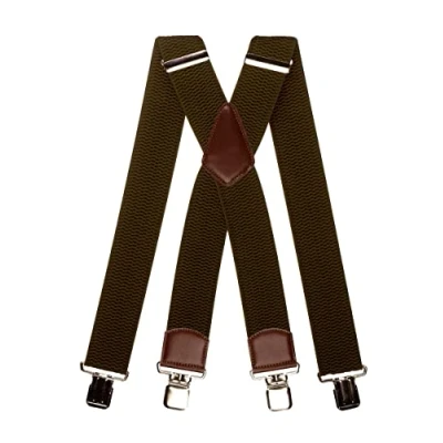 Image of Olata Men&#039;s Extra Wide Heavy Duty X Shape Braces/Suspenders with Brown Leather 5cm. Olive Green