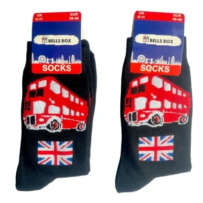 Image of Souvenirs 2 Pairs Mens London Socks Black Colour British Flag Union Jack Sock UJ Bus Man Size 6 11(UK) England Gift