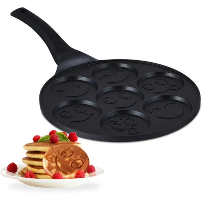 Image of Relaxdays Pancake Pan with Funny Faces, 7 Wells, Ø 8 cm Each, Induction Suitable, Aluminium, Breakfast Station, Black, Steel, 25 x 17 22