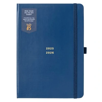 Image of Busy B A5 Diary Mid Year Academic Planner Aug &#039;25 &#039;26 Navy Journal Cover Weekly with to Do Lists, Notes Pages, Week View Layout, 3 Pockets, &amp; Elastic Closure Band