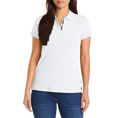 Image of Nautica Women&#039;s 3 Button Short Sleeve Breathable 100% Cotton Polo Shirt, Bright White, S