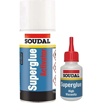 Image of Soudal 115103 HIGH Viscosity SUPERGLUE 50g + ACTIVATOR 200ml Bonding MITRE Kit, White