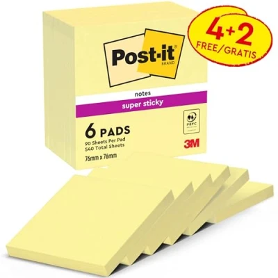 Image of Post it Super Sticky Notes, Double the Sticking Power, 4 + 2 FREE Pads, 540 Sheets, 76 mm x mm, Canary Yellow Self Notes for Walls, Monitors and Fridge