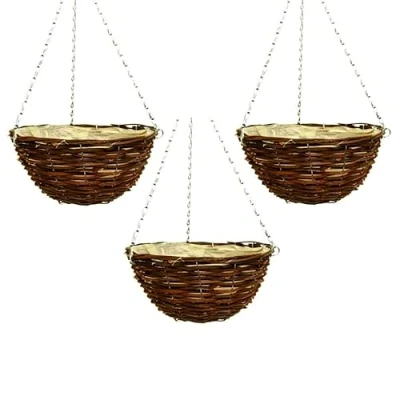 Image of Fyne Finds Set of 3, 30cm 12Inch Dark Brown Wicker Hanging Basket Lined Rattan Willow Weatherproof Planter