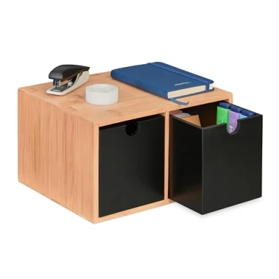 Image of Relaxdays Desk Organiser, Bamboo Drawer Box, 2 Compartments, 14.5 x 24.5 20 cm, Desktop Storage Space, Natural/Black
