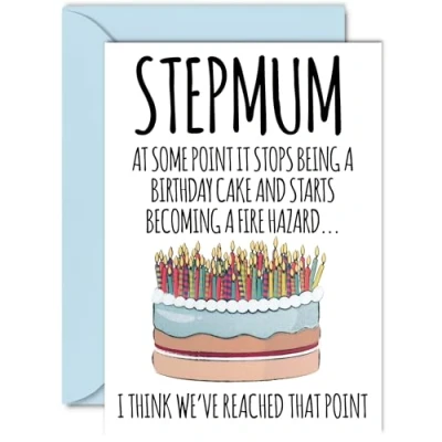 Image of Funny Birthday Cards for Step Mum Fire Hazard Joke Rude Card from Son Daughter, Humour 40th 50th 60th 70th 80th Bday A5 Mummy Mama Greeting