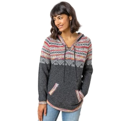 Image of Roman Originals Women Jumper with Hood Ladies Winter Hoodie Pockets Nordic Aztec Print Hooded Sweater Autumn V Neck Soft Festive Flattering Going Out Casual Smart Charcoal Size 12