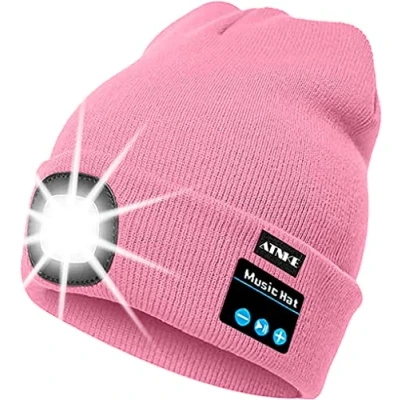 Image of ATNKE LED Lighted Bluetooth Beanie Cap, USB Rechargeable Wireless Musical Running Hat Ultra Bright 4 Waterproof Light Lamp Use for Skiing Hiking Camping Cycling (Pink)