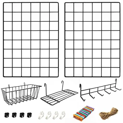 Image of 2 Pack Wire Wall Grid Panel With Accessories Includes Hanging Basket, Shelf &amp; Hook Rack Complete Set Notice Board Home, Office Kitchen Décor Photo Metal Black