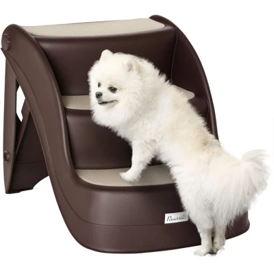 Image of PawHut Foldable Pet Stairs Portable Dog Steps 3 Step Design with Non slip Mats for High Beds, Sofas, 49 x 38 cm, Brown