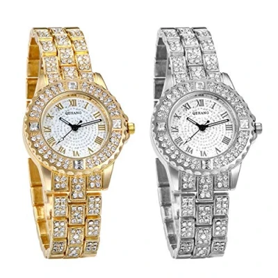 Image of JewelryWe Women Watches Gold Tone Alloy Quartz Watch Stylish Rhinestone Bling Dress Wristwatches