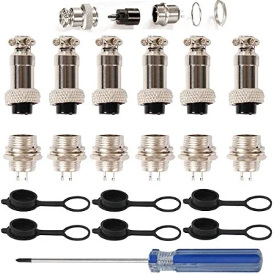 Image of Aviation Connector 2 Pin, GX16 2P 16MM Thread Male Female Wire Panel Metal Plug 5A 200V Circular Chassis Mount Socket with Waterproof Caps