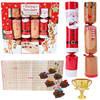 Image of Toyland® Pack Of 6 Fun Santa &amp; Elf Christmas Crackers With Reindeer Figure To Race Santa&#039;s Workshop
