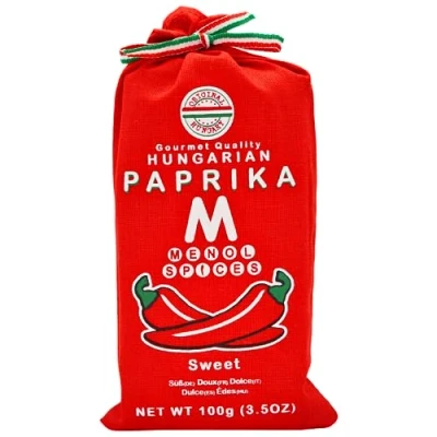 Image of Menol Spices Authentic Hungarian Sweet Paprika Powder (Sweet 100g) Premium Gourmet Quality, Produced in region of Szeged, Hungary, Vibrant Red, Incredible Flavour