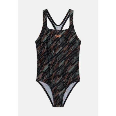 Image of Speedo Girls Hyperboom Allover Medalist Swimsuit for kids, Size: 5 6y, Black/country green/nectarine