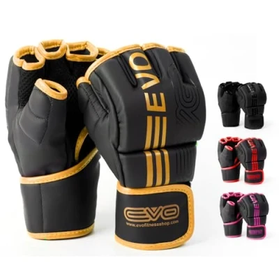 Image of EVO Fitness Matte Black MMA Gloves Martial Arts Mitts Grappling Sparring Men Muay Thai Cage Fighting Boxing Combat Sports Women pink UFC Punching Bag Training (X Large, Golden)