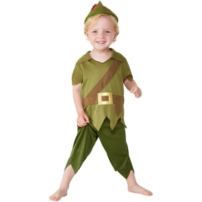 Image of Smiffys Toddler Robin Hood Costume, Green &amp; Brown with Hat, Top Trousers, Boys Fancy Dress, Dress Up Costumes