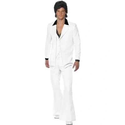 Image of Smiffys 70s Suit Costume, White Jacket with Mock Shirt, Waistcoat &amp; Trousers, 1970&#039;s Disco Fancy Dress, 1970s Dress Up Costumes