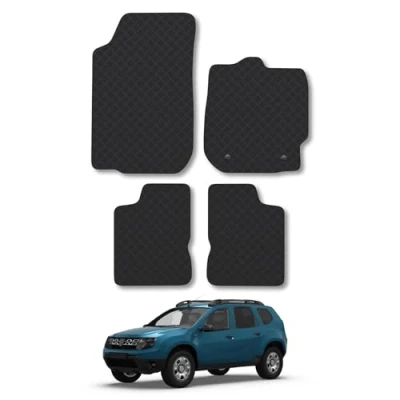 Image of Rubber Car Mats Compatible with Dacia Duster (2010 2018) Tailored Fit Floor Set Accessory Black Custom 4 Pieces Clips Anti Slip Backing, Heavy Duty &amp; Waterproof