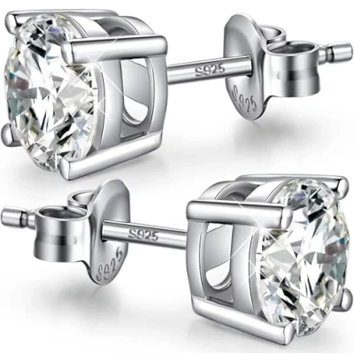 Image of Zirconia Stud Earrings for Men Diamond Mens Studs Sterling Silver 925 Crystal Stainless Steel Hypoallergenic 6mm CZ Earring
