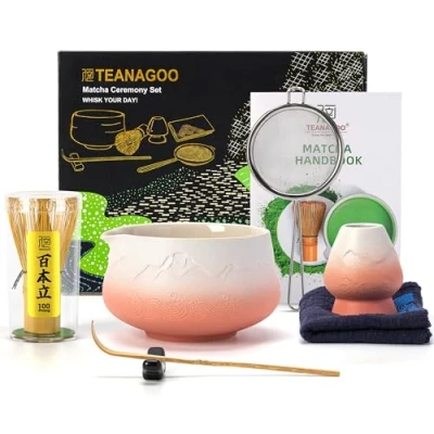 Image of TEANAGOO Japanese Matcha Whisk (7pcs) Set Mtacha Kit Bowl with Pouring Spout Bamboo (Chasen) Scoop (chashaku) Holder.N35,Gradient Pink White…