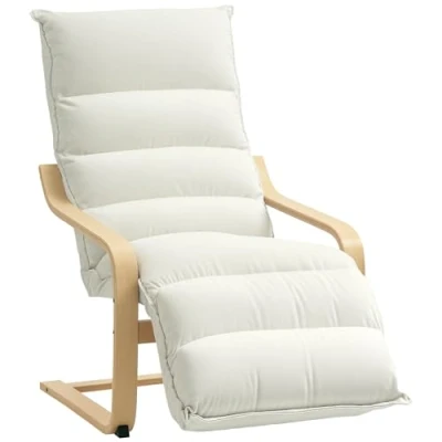 Image of HOMCOM Birch Wood Lounge Chair, Upholstered Recliner Seat with Adjustable Footrest, Modern Armchair for Living Room, Bedroom, Balcony, Office, Cream White