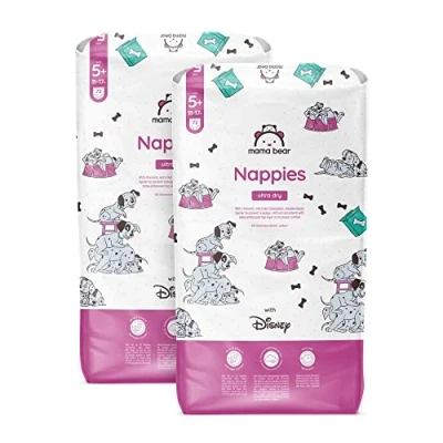 Image of Amazon Brand Mama Bear Disney Ultra Dry Nappies, Size 5+ (11 17 kg), 144 Count (2 Packs of 72), White, Monthly Pack