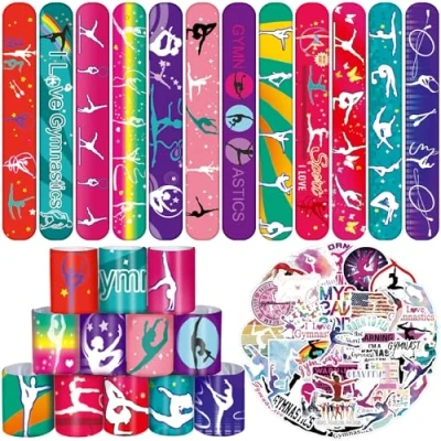 Image of Lcnjscgo Gymnastics Party Favors with 24PCS Slap Bracelets 50PCS Stickers, Goodie Bag Fillers for Birthday Decorations Supplies Class Reward Prizes Gift Kids