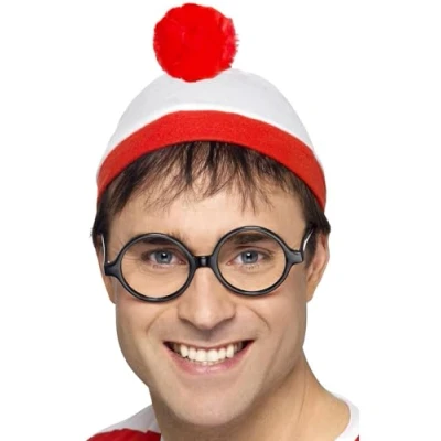 Image of Smiffys Where&#039;s Wally Instant Kit, Adults Red &amp; White Hat Glasses, Official License Kit with Classic Signature Perfect for a Themed Parties or World Book Day Halloween