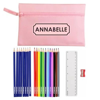 Image of Custom Personalised Pink Pencil Case with 12 Colouring Pencils, 8 HB 6 inch Ruler, Sharpener. Back to School