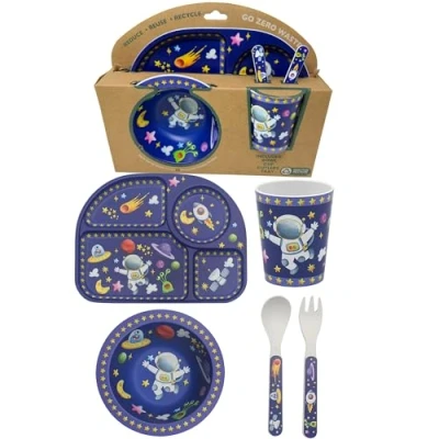 Image of Childrens Dinner Set 4 Piece Bowl, Fork, Spoon, Plate and Cup Made from Recycled Materials HTUK (Space)