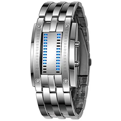 Image of Mens Creative Binary Digital Watches Unique Matrix LED Watch Futuristic Cool Stainless Steel Wrist Watch, Silver, Fashion