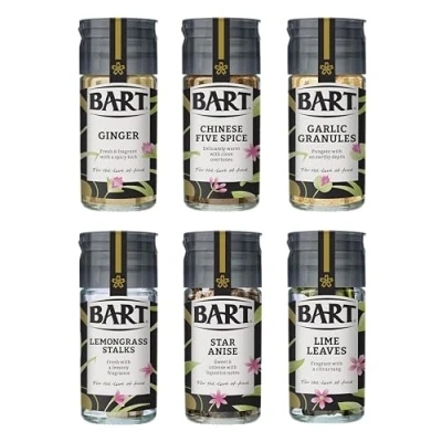 Image of BART East Asian Herb &amp; Spice Collection Chinese Five Spice, Star Anise, Garlic Granules, Ginger, Lemongrass Stalks Lime Leaves Ideal for Cooking (6 Jar Bulk Buy Set)