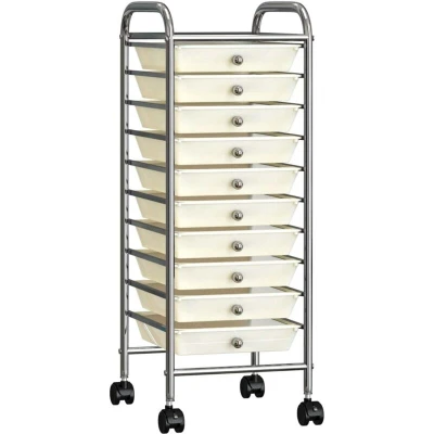 Image of vidaXL 10 Drawer Mobile Storage Trolley White Plastic
