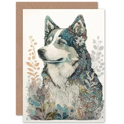 Image of Artery8 Siberian Husky Dog Nature Spirit Animal Modern Multicoloured Illustration Art Birthday Sealed Greeting Card Plus Envelope Blank inside