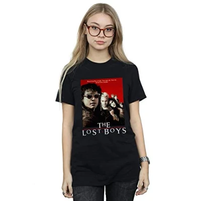 Image of Absolute Cult The Lost Boys Women&#039;s Red Poster Boyfriend Fit T Shirt Black Small