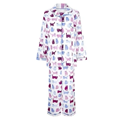 Image of Champion Paris Womens Cat Print 100% Brushed Cotton Pyjamas Blue 20 22