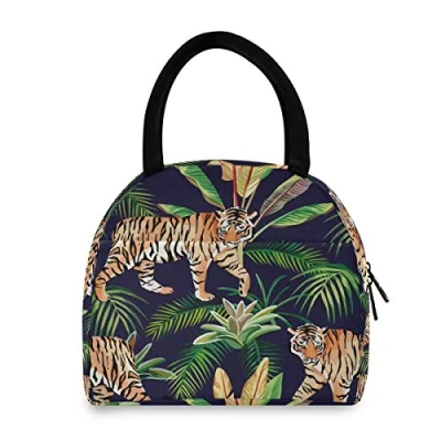 Image of Hunhuni Lunch Tote Bag Tropical Animal Tiger Leaves, Insulated Reusable Box Container for Kids Boys Girls School Office Travel Picnic