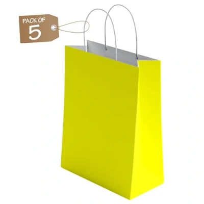 Image of 10 Pcs Small Yellow Paper Party Bags With Handles Colourful Gift for Kids Parties Weddings Birthdays Baby Showers Xmas and Sweets 18x22x8cm Kraft