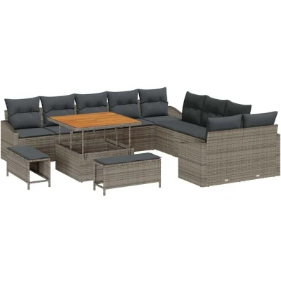 Image of vidaXL 13 Piece Garden Sofa Set with Cushions Grey Poly Rattan Acacia